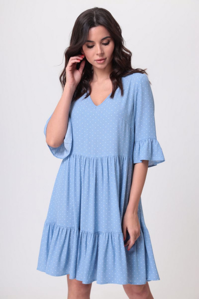 Платье свободного силуэта до колена с V-образным вырезом Le Collect 290-3 голубой_принт - фото 7