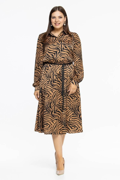 Платье-рубашка из шёлка с принтом и поясом Effect-Style 820 чёрно-рыжий - фото 1