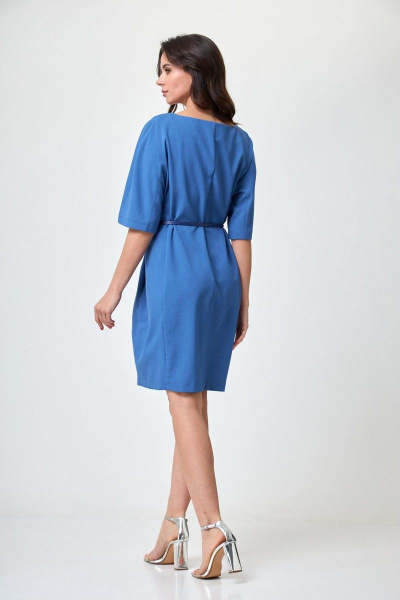 Платье с рельефами и карманами из хлопка и льна Anelli 351 василек - фото 5