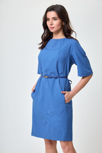 Платье с рельефами и карманами из хлопка и льна Anelli 351 василек - фото 2