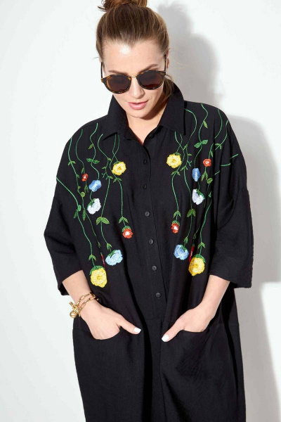 Платье летнее оверсайз с авторской вышивкой из вискозы SOVA 11181 черный - фото 5