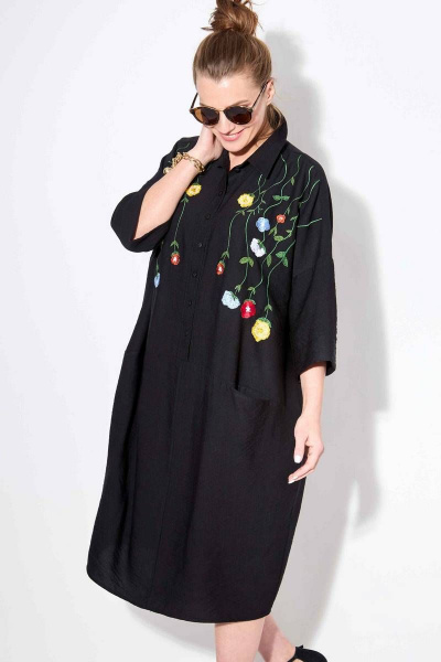 Платье летнее оверсайз с авторской вышивкой из вискозы SOVA 11181 черный - фото 3
