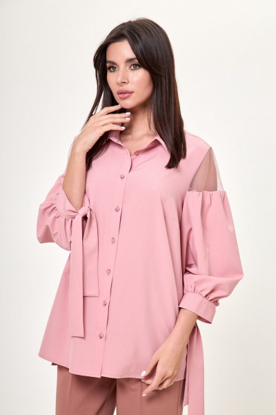 Блуза с кружевами и воротником на стойке из хлопка Anelli 997 пудра - фото 2