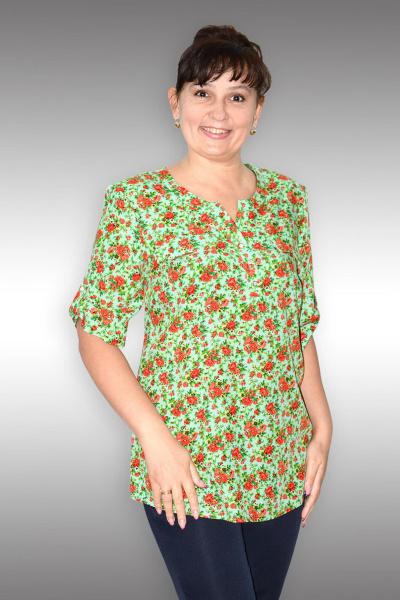 Летняя многоцветная блуза из вискозы с длинным рукавом Таир-Гранд 62182-1 зеленый - фото 1
