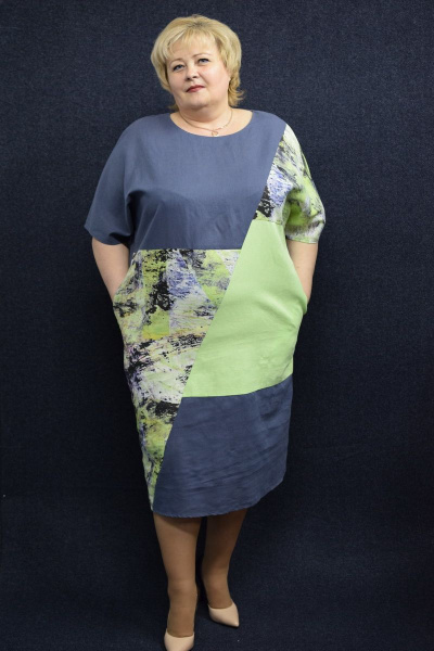 Платье свободного силуэта из хлопка-льна с лодочной горловиной VIVA LADY 9498V_9C71-Р49_164 голубой - фото 2