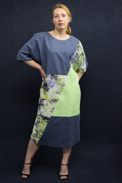 Платье свободного силуэта из хлопка-льна с лодочной горловиной VIVA LADY 9498V_9C71-Р49_164 голубой - фото 1