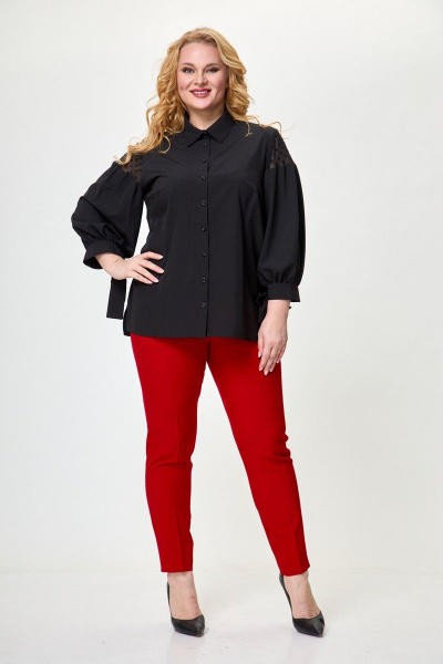 Черная блуза из вискозы с кружевами и воротником Anelli 997 черный - фото 1