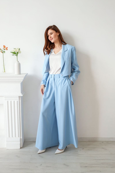 Голубые брюки и жакет из хлопка, стильный деловой комплект AURA otd 9097 голубой - фото 1