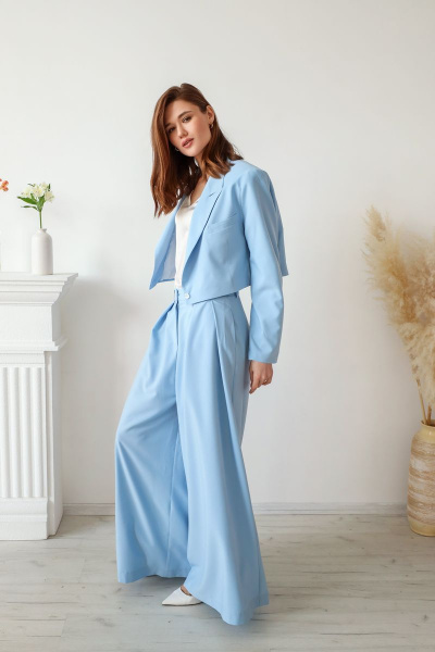 Голубые брюки и жакет из хлопка, стильный деловой комплект AURA otd 9097 голубой - фото 3