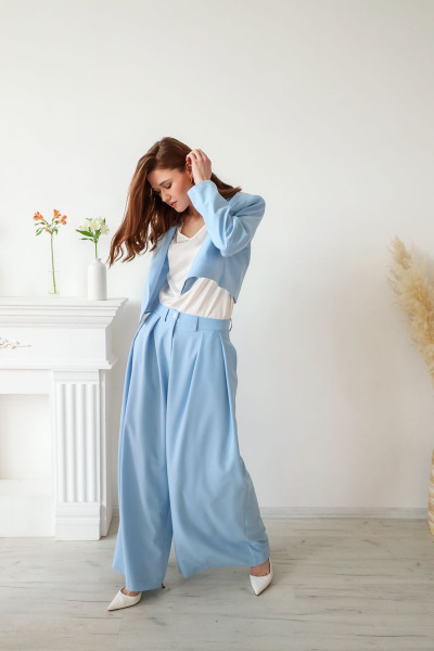 Голубые брюки и жакет из хлопка, стильный деловой комплект AURA otd 9097 голубой - фото 2