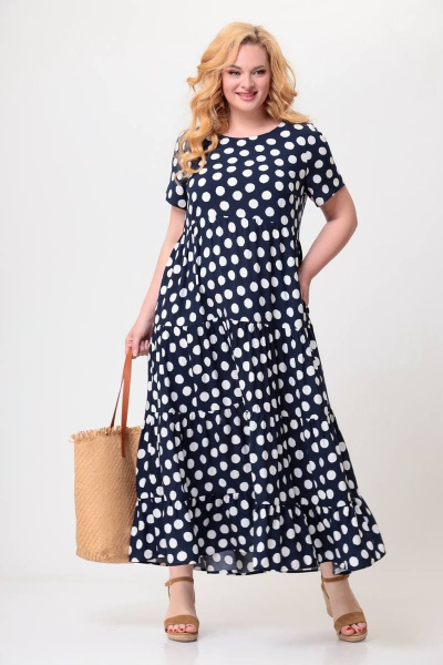 Платье макси из вискозы с воланами и карманами Swallow 561 темно-синий_в_белые_горохи - фото 4