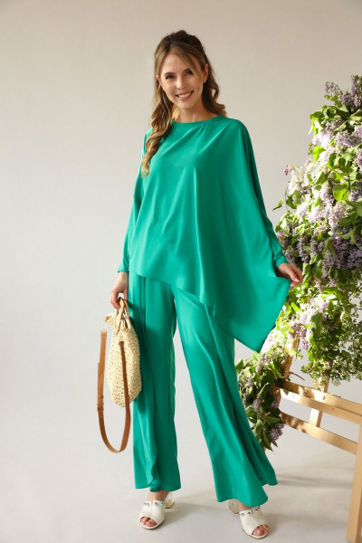 Зеленый нарядный брючный костюм из текстиля с асимметрией LM ПЛ5057 - фото 2