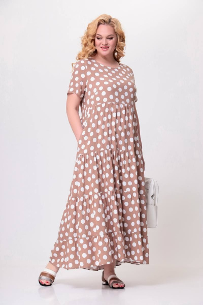 Платье макси из вискозы с воланами и карманами Swallow 562 песочный_в_белые_горохи - фото 3