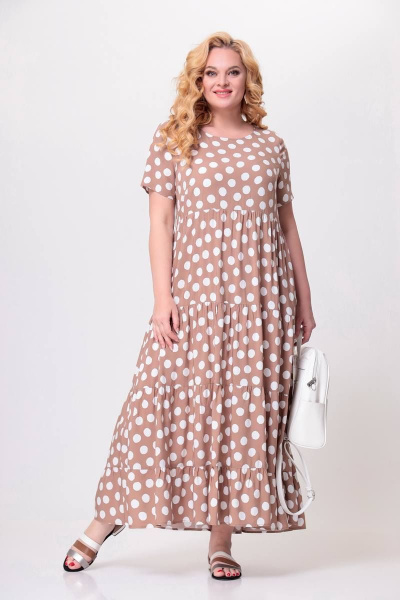 Платье макси из вискозы с воланами и карманами Swallow 562 песочный_в_белые_горохи - фото 1