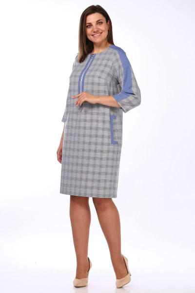 Платье демисезонное прямое с карманами и застежкой Lady Style Classic 1503 синий_с_серым - фото 2