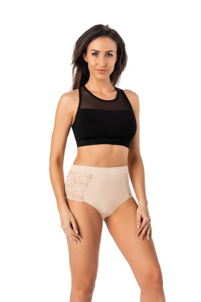 Трусы-слип с высокой талией из кружева и хлопка Teyli 1122 бежевый - фото 1