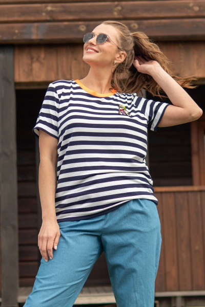Блуза в тельняшку с ярким довязом и ручным декором Andina 404-1 полоска_сине-белая - фото 4