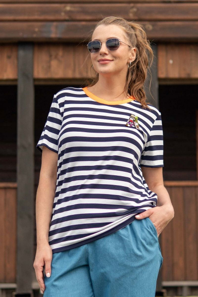 Блуза в тельняшку с ярким довязом и ручным декором Andina 404-1 полоска_сине-белая - фото 1