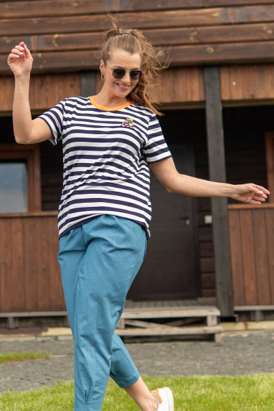 Блуза в тельняшку с ярким довязом и ручным декором Andina 404-1 полоска_сине-белая - фото 2