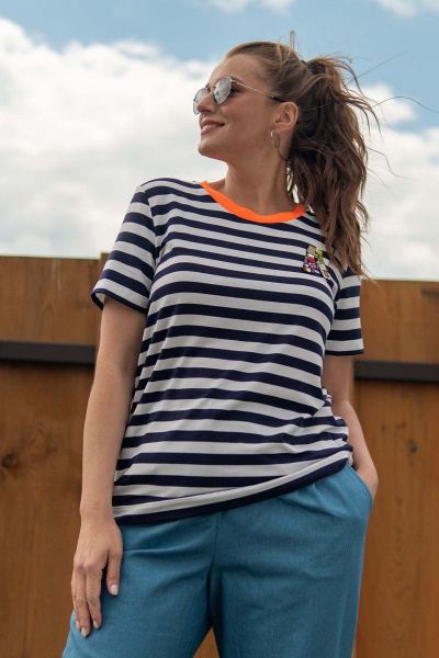 Блуза в тельняшку с ярким довязом и ручным декором Andina 404-1 полоска_сине-белая - фото 3
