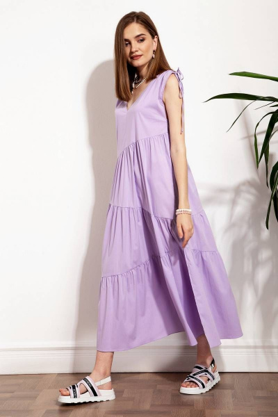 Миди платье из хлопка с диагональными подрезами и воланами Nova Line 50241 лавандовый - фото 2
