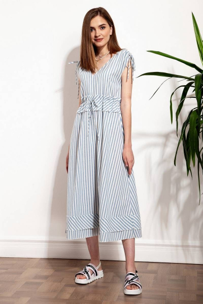 Льняное платье в полоску с рюшами и V-образным вырезом Nova Line 50244 полоска_голубая - фото 2
