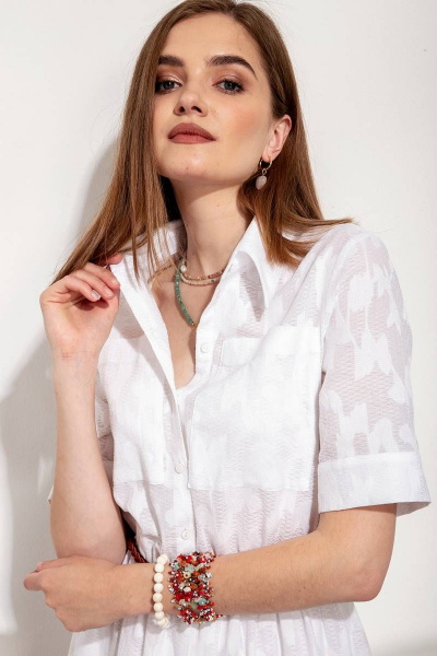 Миди-платье-рубашка из хлопка с карманами и сборкой на резинке Nova Line 50252 молочный - фото 2