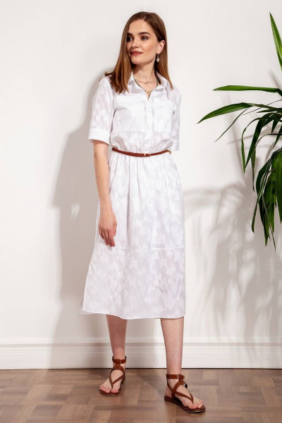 Миди-платье-рубашка из хлопка с карманами и сборкой на резинке Nova Line 50252 молочный - фото 1
