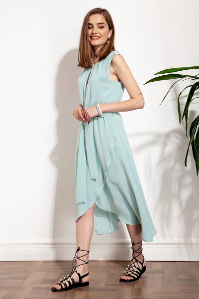 Элегантное платье из струящейся ткани с разрезом и поясом Nova Line 50257 мятный - фото 1