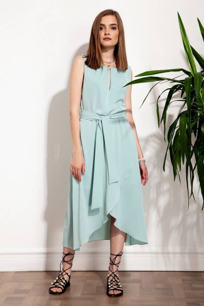 Элегантное платье из струящейся ткани с разрезом и поясом Nova Line 50257 мятный - фото 3