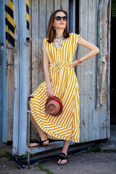 Легкое полосатое платье из вискозы с рюшами и регулируемыми воротом Nova Line 50265 полоска_горчичная - фото 11