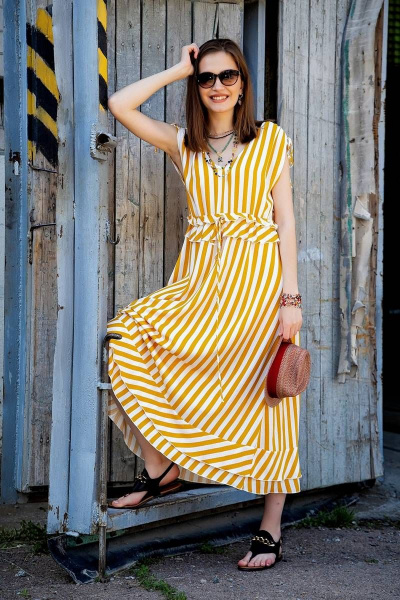 Легкое полосатое платье из вискозы с рюшами и регулируемыми воротом Nova Line 50265 полоска_горчичная - фото 10