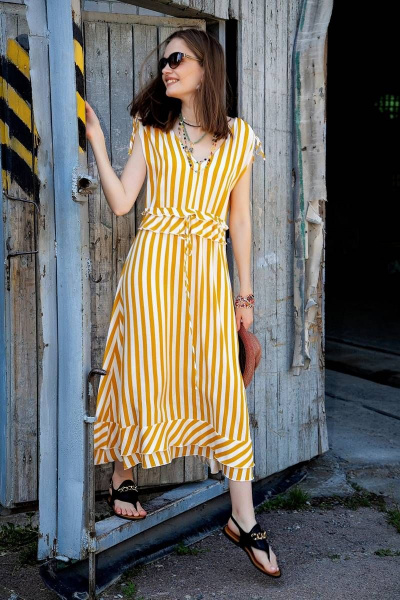 Легкое полосатое платье из вискозы с рюшами и регулируемыми воротом Nova Line 50265 полоска_горчичная - фото 9