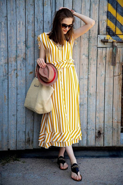 Легкое полосатое платье из вискозы с рюшами и регулируемыми воротом Nova Line 50265 полоска_горчичная - фото 8