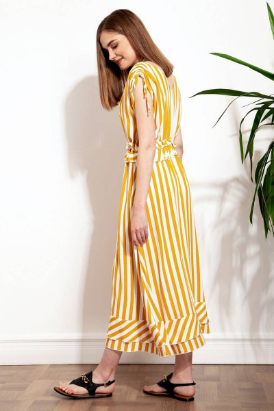 Легкое полосатое платье из вискозы с рюшами и регулируемыми воротом Nova Line 50265 полоска_горчичная - фото 4