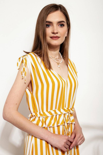 Легкое полосатое платье из вискозы с рюшами и регулируемыми воротом Nova Line 50265 полоска_горчичная - фото 3
