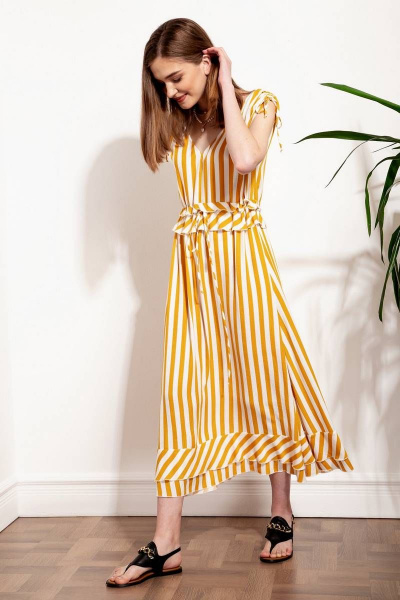 Легкое полосатое платье из вискозы с рюшами и регулируемыми воротом Nova Line 50265 полоска_горчичная - фото 2