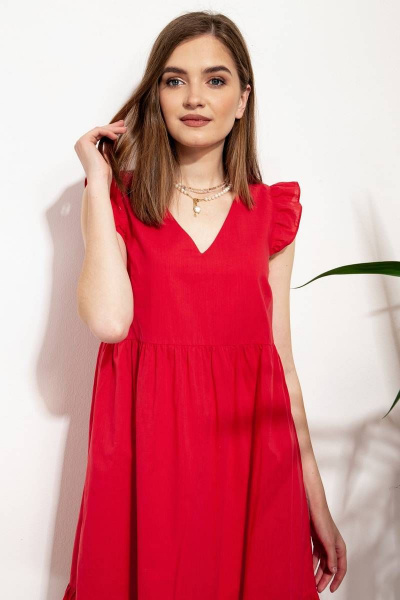 Хлопковое платье с длиной до колена, с кулисами и оборкой Nova Line 50266 красный - фото 4