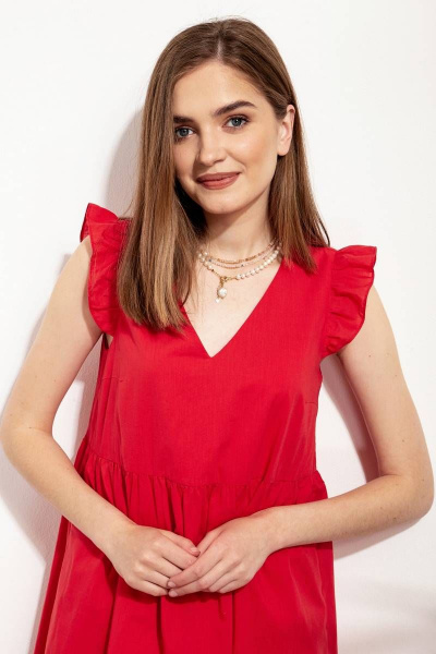Хлопковое платье с длиной до колена, с кулисами и оборкой Nova Line 50266 красный - фото 3