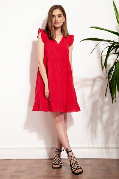 Хлопковое платье с длиной до колена, с кулисами и оборкой Nova Line 50266 красный - фото 2