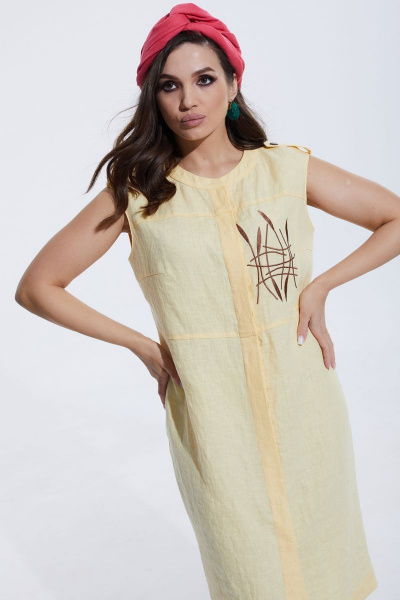 Платье приталенное с вышивкой и кокеткой из льна MALI 422-029 желтый - фото 10