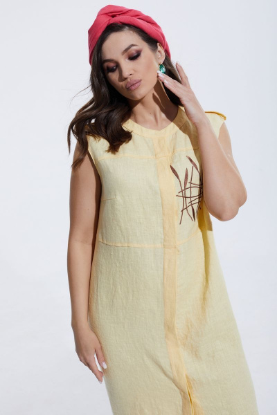 Платье приталенное с вышивкой и кокеткой из льна MALI 422-029 желтый - фото 8