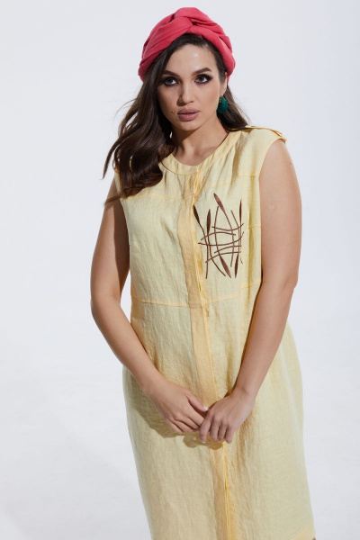 Платье приталенное с вышивкой и кокеткой из льна MALI 422-029 желтый - фото 7