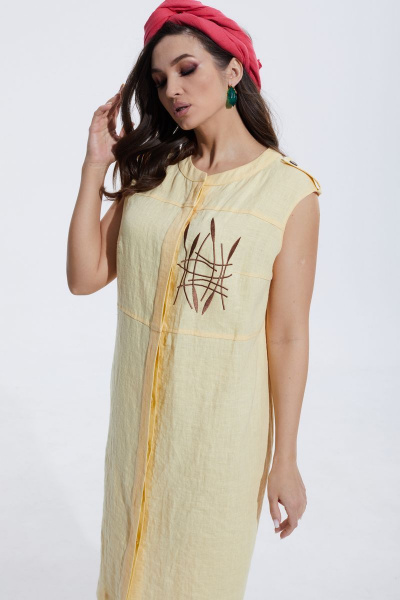 Платье приталенное с вышивкой и кокеткой из льна MALI 422-029 желтый - фото 6