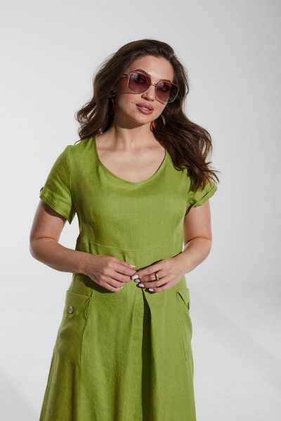 Ленистое длинное платье с накладными карманами и разрезами MALI 422-040 салат - фото 7