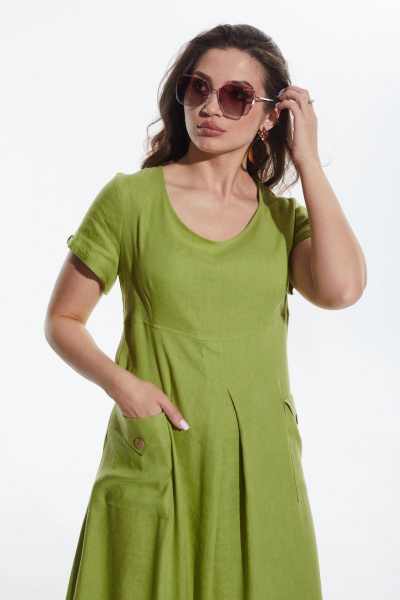 Ленистое длинное платье с накладными карманами и разрезами MALI 422-040 салат - фото 6