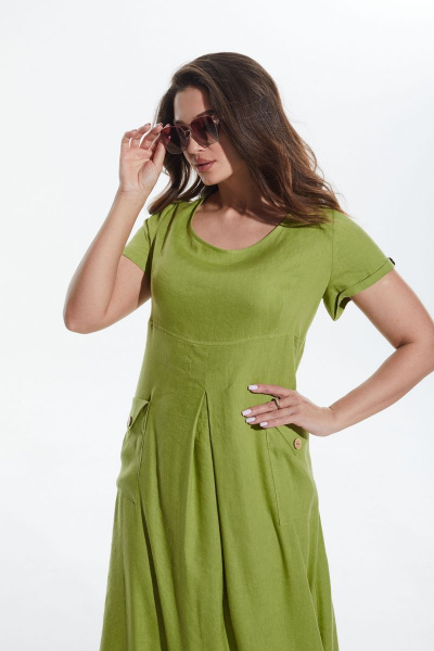 Ленистое длинное платье с накладными карманами и разрезами MALI 422-040 салат - фото 5
