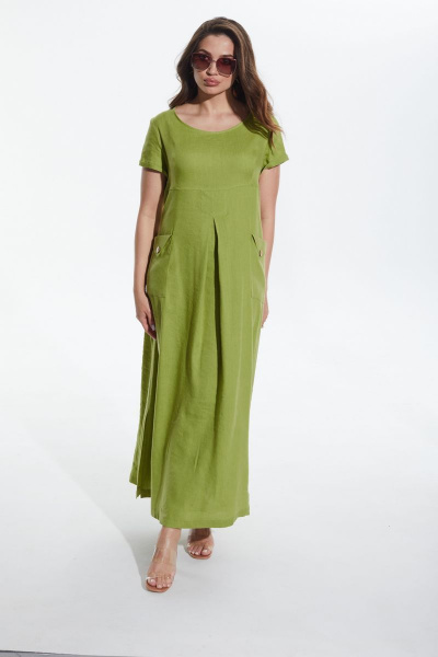 Ленистое длинное платье с накладными карманами и разрезами MALI 422-040 салат - фото 4