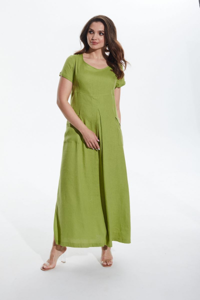 Ленистое длинное платье с накладными карманами и разрезами MALI 422-040 салат - фото 2