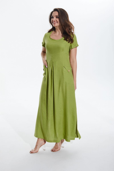 Ленистое длинное платье с накладными карманами и разрезами MALI 422-040 салат - фото 1